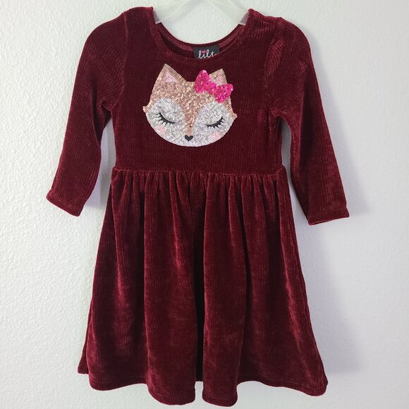 Lilt Girls Red Velour Long Sleeve Dress with Fox Sequin Detail Size 4 - Picture 3 of 10